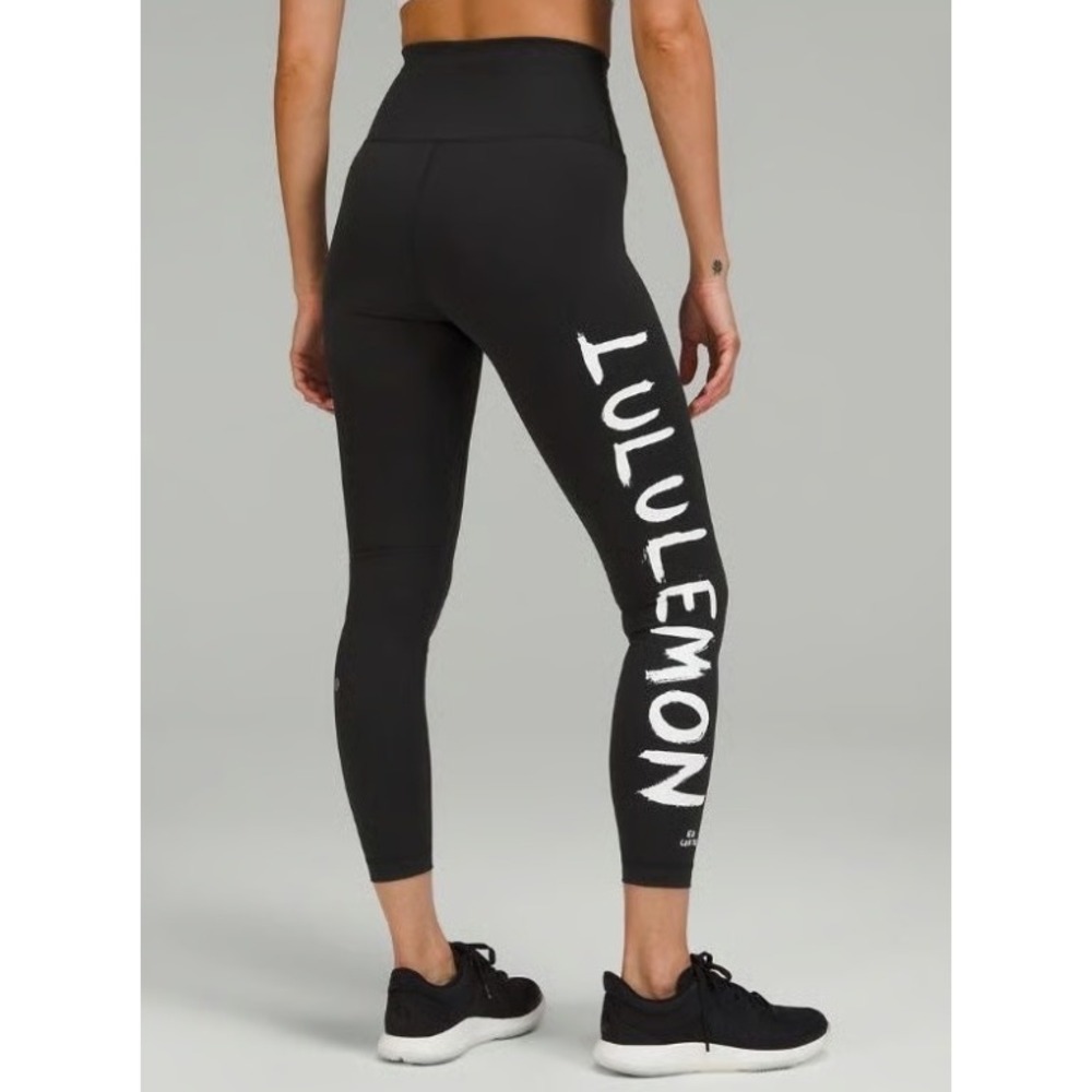 Lululemon Wunder Train High-Rise Tight Leggings Black Graphic Logo Athletic Sz 2